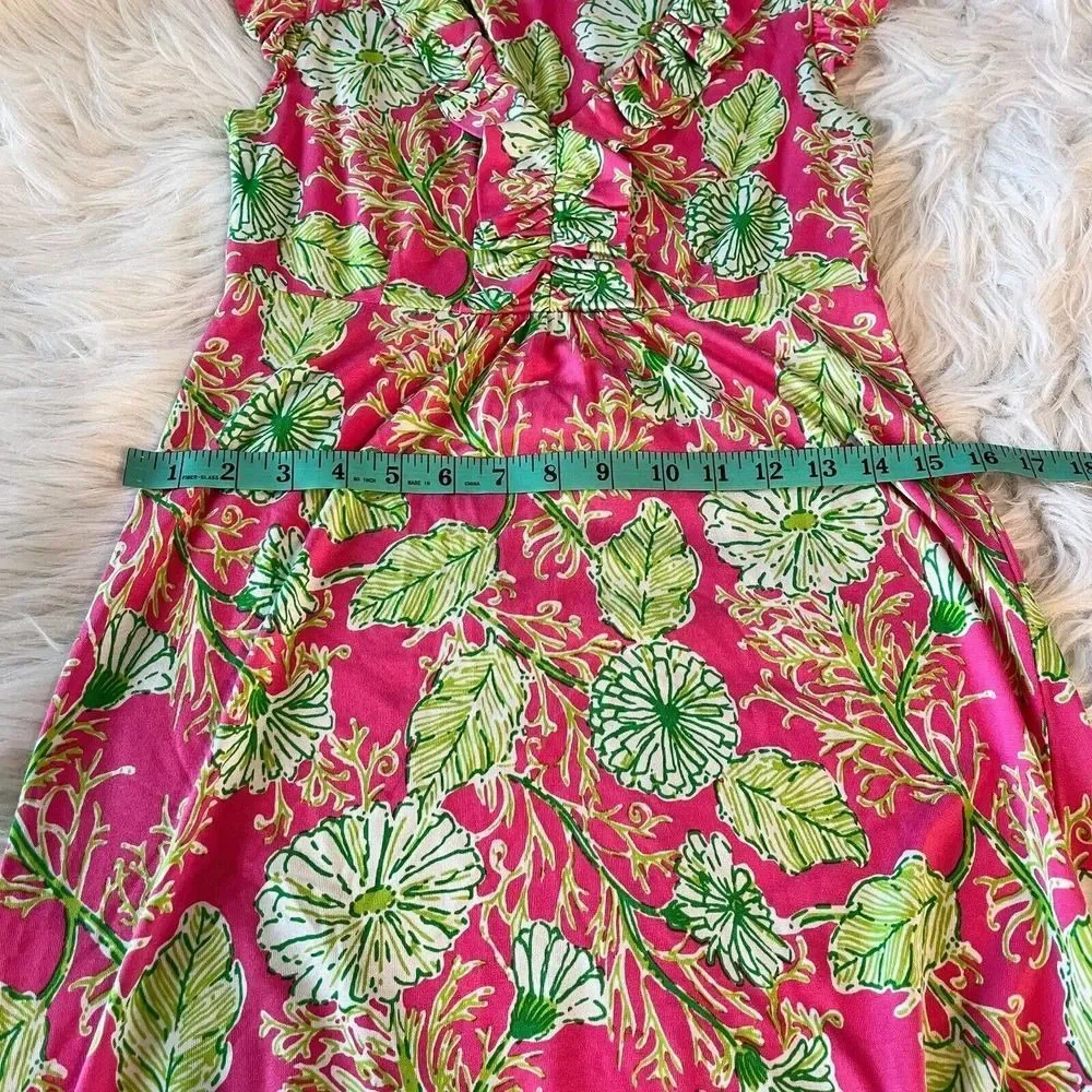 Lilly Pulitzer Clare Silk Blend Jersey Dress‎ Ruffle Pink Green Floral Size XS
